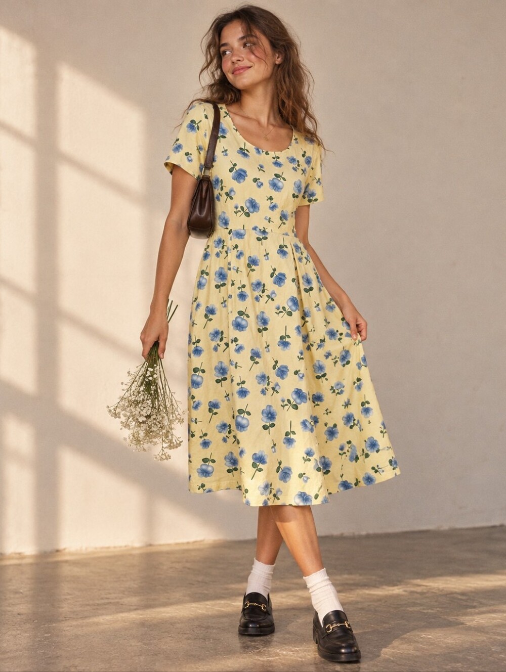 Vintage 90s The Paragon Floral Dress Size L Yellow Blue Floral Midi